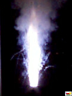 The picture shows the colour arising from adding magnesium powder to a burning mixture of potassium chlorate and sucrose.